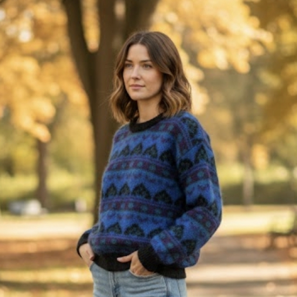 Vintage Gallagher Sweater Women Mohair & Acrylic Geometric Blue Sz L